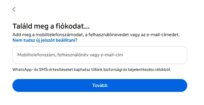 Az Instagram jelszó-visszaállító oldala a fiókkereső mezővel és a Tovább gombbal