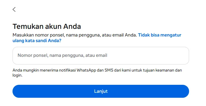Halaman pengaturan ulang kata sandi Instagram dengan kolom pencarian akun dan tombol Lanjut