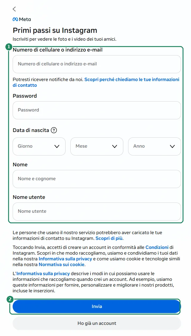 Il modulo di registrazione web di Instagram, con evidenziati i campi da compilare e il pulsante Invia