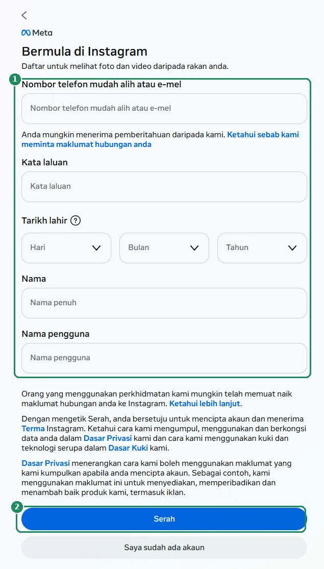 Borang pendaftaran Instagram versi web, dengan medan yang perlu diisi dan butang Serah diserlahkan
