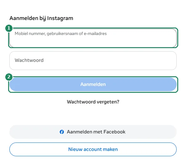Het inlogformulier van Instagram op het web, met het veld voor de inloggegevens en de knop Aanmelden gemarkeerd