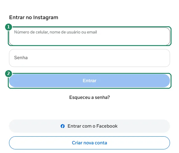 O formulário de login do Instagram na web, com o campo do dado de acesso e o botão Entrar destacados