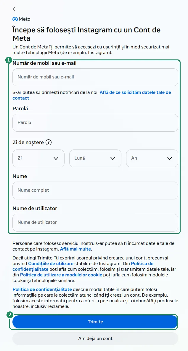 Formularul web de înregistrare Instagram, cu câmpurile de completat și butonul Trimite evidențiate