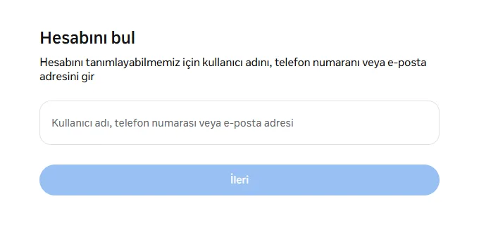 “Hesabını bul” formuyla instagram.com/hacked sayfası