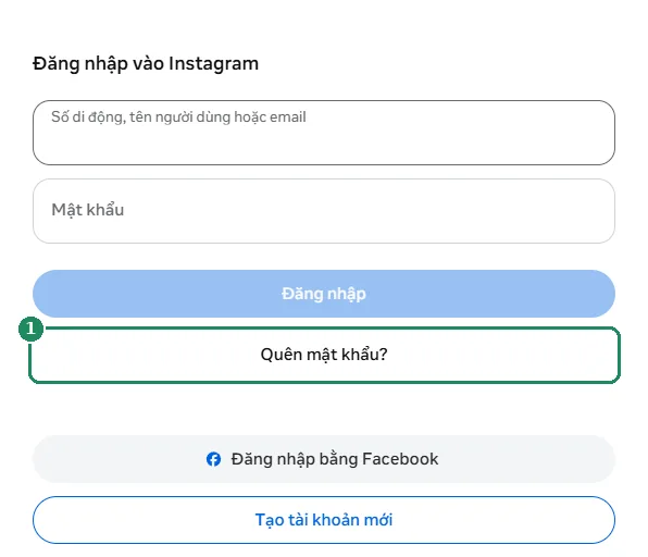 Biểu mẫu đăng nhập Instagram, đánh dấu liên kết Quên mật khẩu?