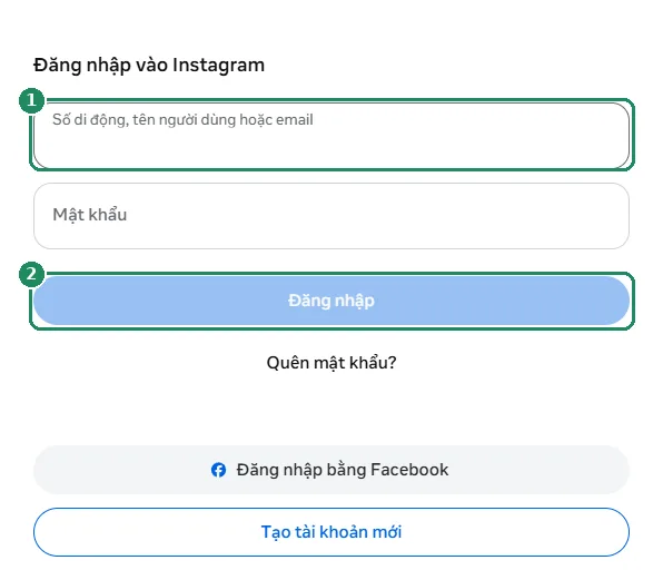 Biểu mẫu đăng nhập Instagram trên web, đánh dấu ô thông tin nhận dạng và nút Đăng nhập