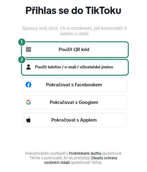 Webová přihlašovací stránka TikToku se zvýrazněným přihlášením QR kódem a telefonním číslem nebo e-mailem