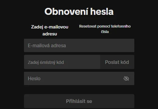 Webová stránka TikToku pro obnovení hesla s poli pro e-mailovou adresu, kód a nové heslo
