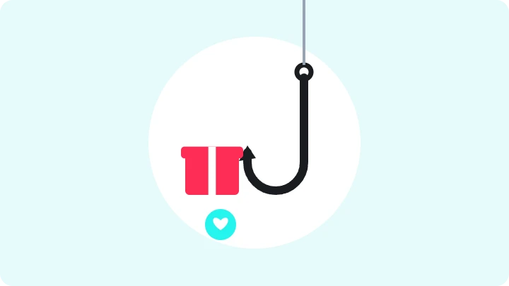 A fishing hook with a gift box and a heart-shaped notification