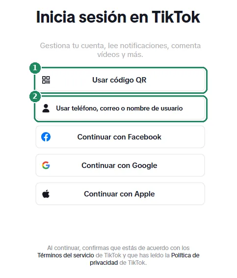 La página web de inicio de sesión de TikTok, con el inicio de sesión con código QR y con teléfono o correo resaltados