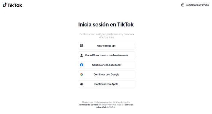 La página web de inicio de sesión de TikTok