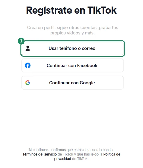 La página web de registro de TikTok, con la opción Usar teléfono o correo electrónico resaltada