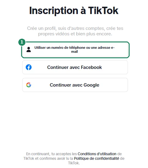 La page d'inscription web de TikTok, avec l'option Utiliser un numéro de téléphone ou une adresse e-mail mise en évidence