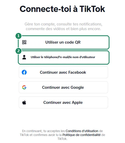 La page de connexion web de TikTok, avec la connexion par code QR et par téléphone ou e-mail mise en évidence
