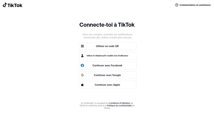 La page de connexion web de TikTok