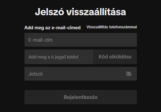 A TikTok webes jelszó-visszaállító oldala e-mail-cím, kód és új jelszó mezővel