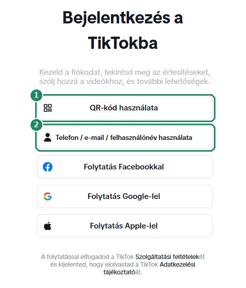 A TikTok webes bejelentkezési oldala, kiemelve a QR-kódos és a telefonszámos/e-mailes belépés