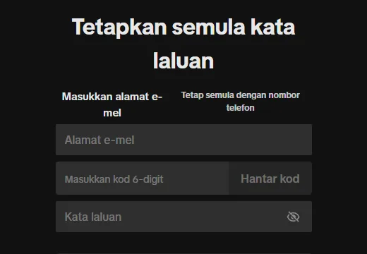 Halaman tetapan semula kata laluan TikTok versi web dengan medan e-mel, kod dan kata laluan baharu