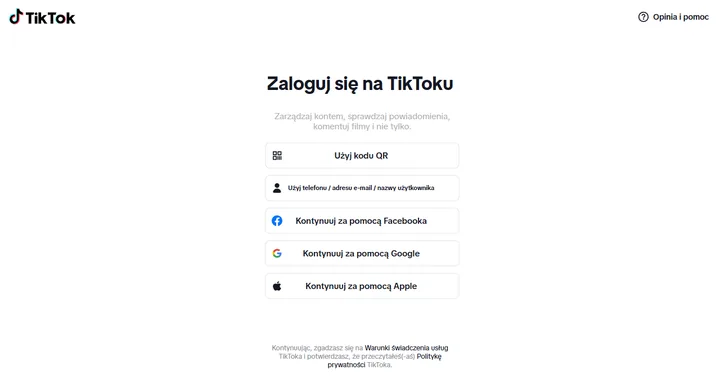 Strona logowania TikToka w przeglądarce