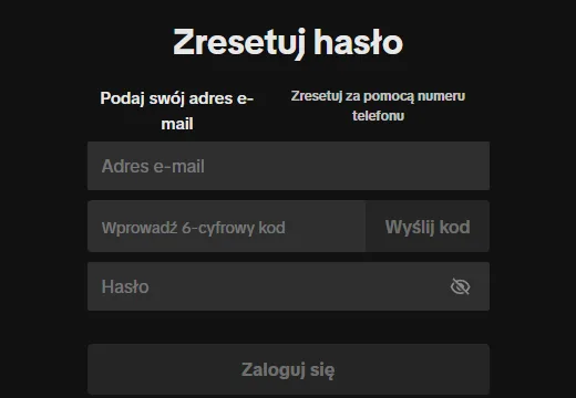 Strona TikToka do resetowania hasła w przeglądarce, z polami na adres e-mail, kod i nowe hasło