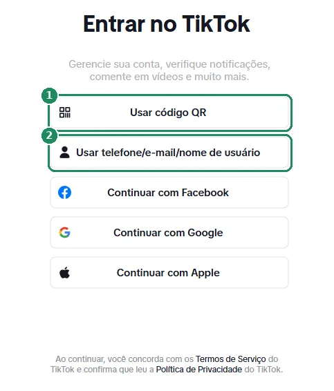 A página de login do TikTok na web, com o login por código QR e por telefone ou email destacados