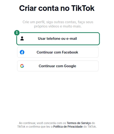 A página de cadastro do TikTok na web, com a opção Usar telefone ou e-mail destacada