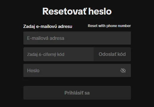 Webová stránka TikToku na obnovenie hesla s poľami pre e-mailovú adresu, kód a nové heslo