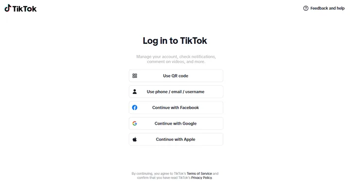 TikTok இணைய உள்நுழைவுப் பக்கம்