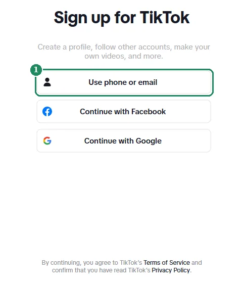 TikTok వెబ్ సైన్ అప్ పేజీ, Use phone or email ఎంపిక గుర్తించబడింది