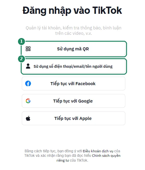 Trang đăng nhập TikTok trên web, đánh dấu đăng nhập bằng mã QR và bằng số điện thoại/email