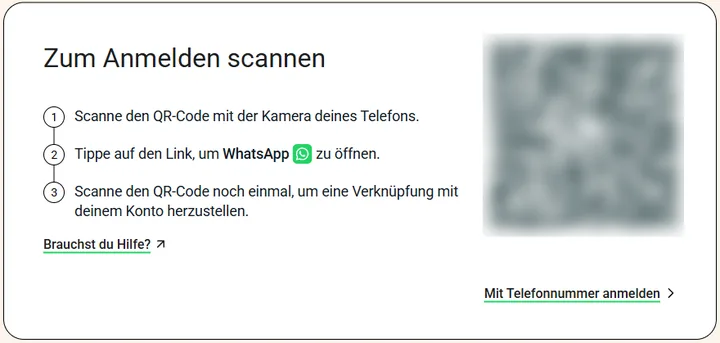 Die Anmeldeseite von WhatsApp Web mit der Überschrift Zum Anmelden scannen und den Schritten, der QR-Code unkenntlich gemacht