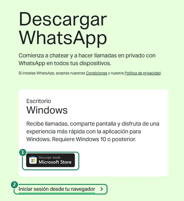 La página de descargas de WhatsApp, con el botón Descargar desde Microsoft Store y el enlace Iniciar sesión resaltados