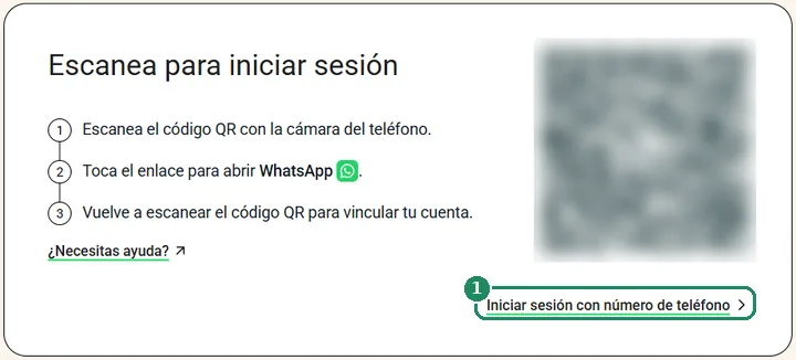 La página de inicio de sesión de WhatsApp Web, con el enlace Iniciar sesión con número de teléfono resaltado