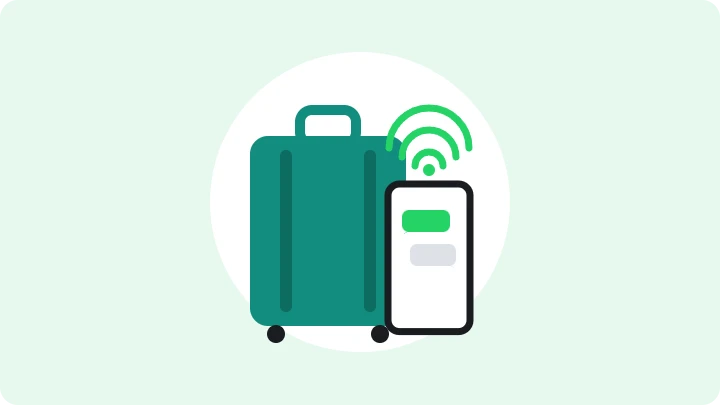 Maleta con un teléfono que muestra la señal de Wi-Fi