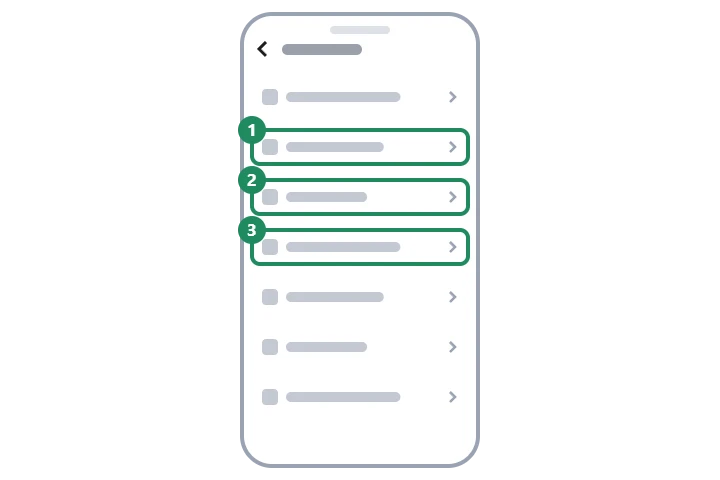 Schema del menu Account di WhatsApp con le righe passkey, indirizzo email e verifica in due passaggi evidenziate