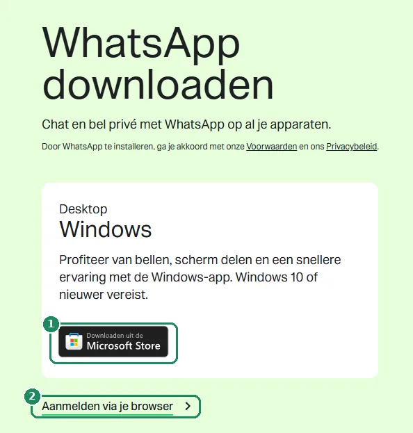 De downloadpagina van WhatsApp, met de knop Downloaden via Microsoft Store en de link Inloggen via browser gemarkeerd