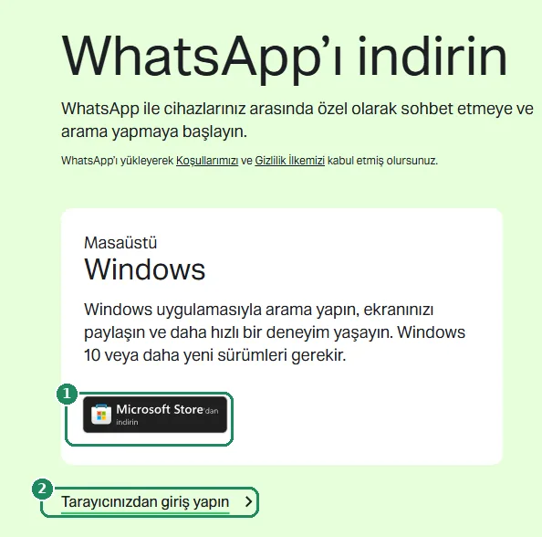 WhatsApp indirme sayfası, Microsoft Store'dan indir düğmesi ve Tarayıcıyla giriş yap bağlantısı vurgulanmış
