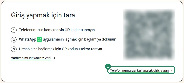 WhatsApp Web giriş sayfası, Telefon numarasıyla giriş yap bağlantısı vurgulanmış