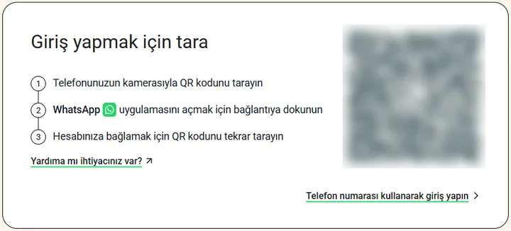 WhatsApp Web giriş sayfası, Giriş yapmak için tarayın başlığı ve adımlarla, QR kodu bulanıklaştırılmış