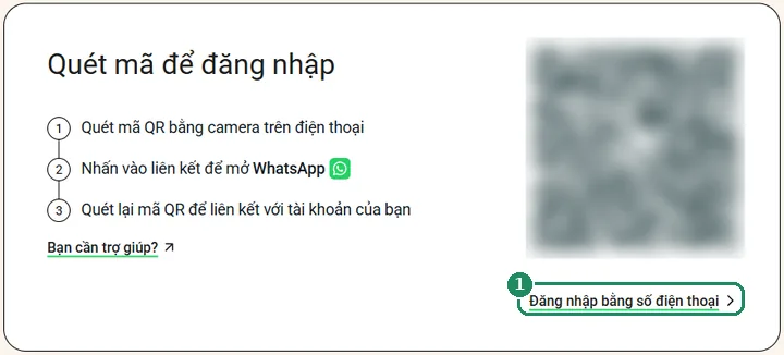 Trang đăng nhập WhatsApp Web, đánh dấu liên kết Đăng nhập bằng số điện thoại