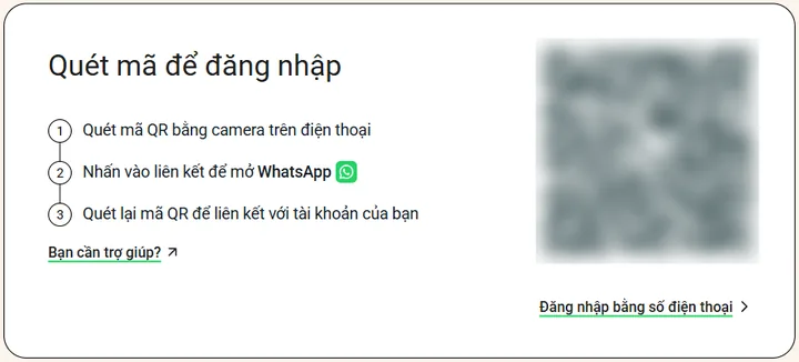 Trang đăng nhập WhatsApp Web với tiêu đề Quét để đăng nhập và các bước hướng dẫn, mã QR đã được làm mờ