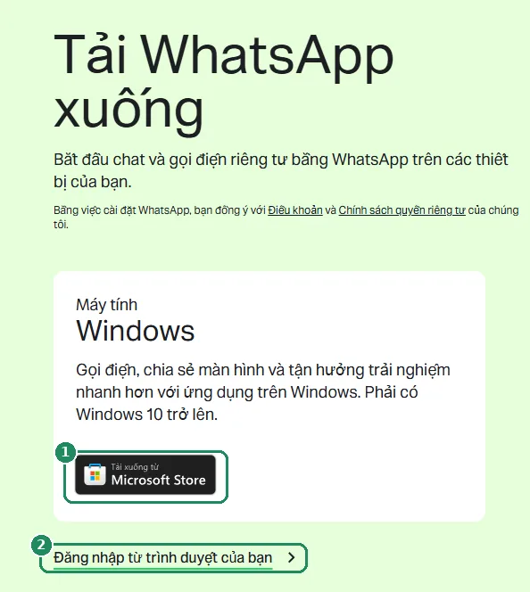 Trang tải WhatsApp, đánh dấu nút Tải xuống từ Microsoft Store và liên kết Đăng nhập bằng trình duyệt