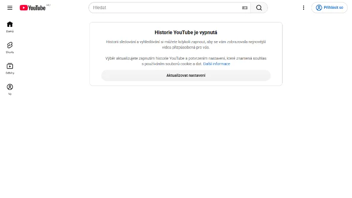 Hlavní stránka YouTube po odhlášení se zprávou o vypnuté historii