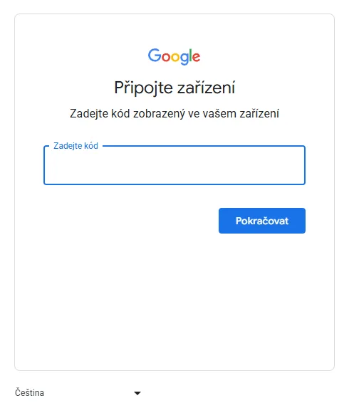 Stránka Googlu Připojte zařízení s polem pro zadání kódu