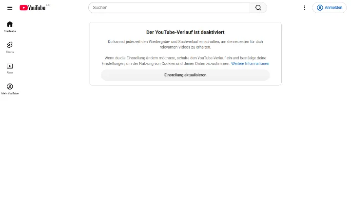 Die YouTube-Startseite im abgemeldeten Zustand mit dem Hinweis auf den deaktivierten Verlauf