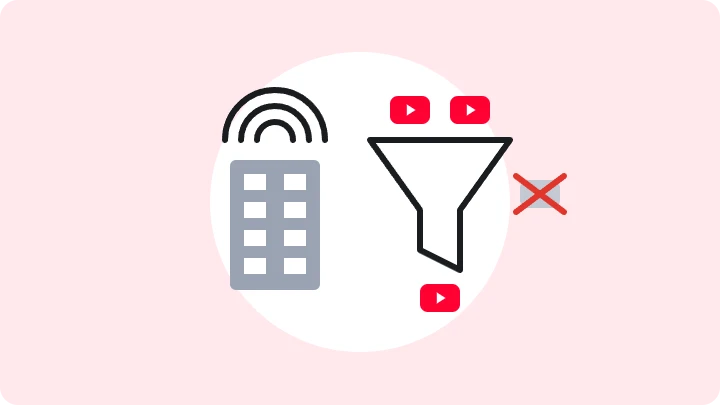 Ein Gebäude mit WLAN-Signal, davor ein trichterförmiger Filter, durch den Symbole mit Wiedergabeschaltfläche laufen