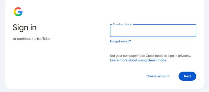 Google's sign-in page for YouTube, with the email or phone field and the Next button
