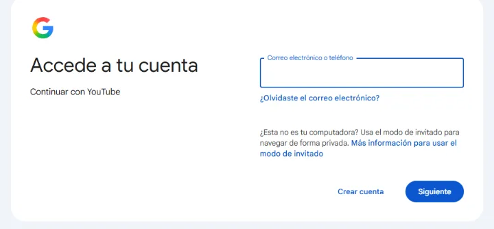 La página de acceso de Google para YouTube, con el campo de correo electrónico o teléfono y el botón Siguiente