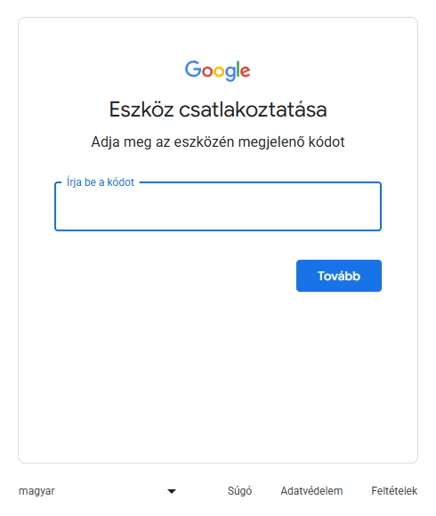 A Google Eszköz csatlakoztatása oldala a kód beírására szolgáló mezővel