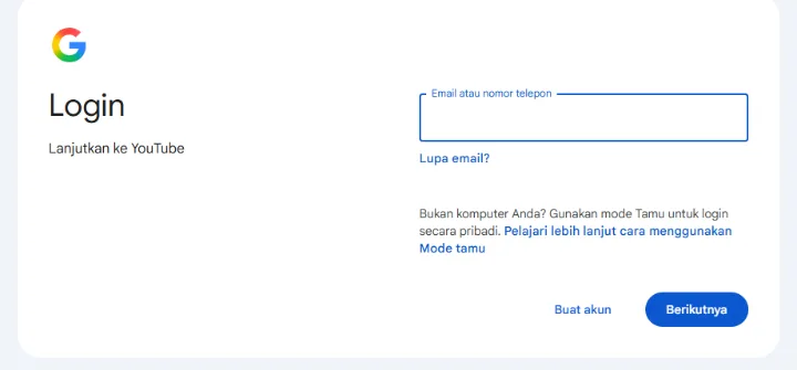 Halaman login Google untuk YouTube dengan kolom email atau nomor telepon dan tombol Berikutnya